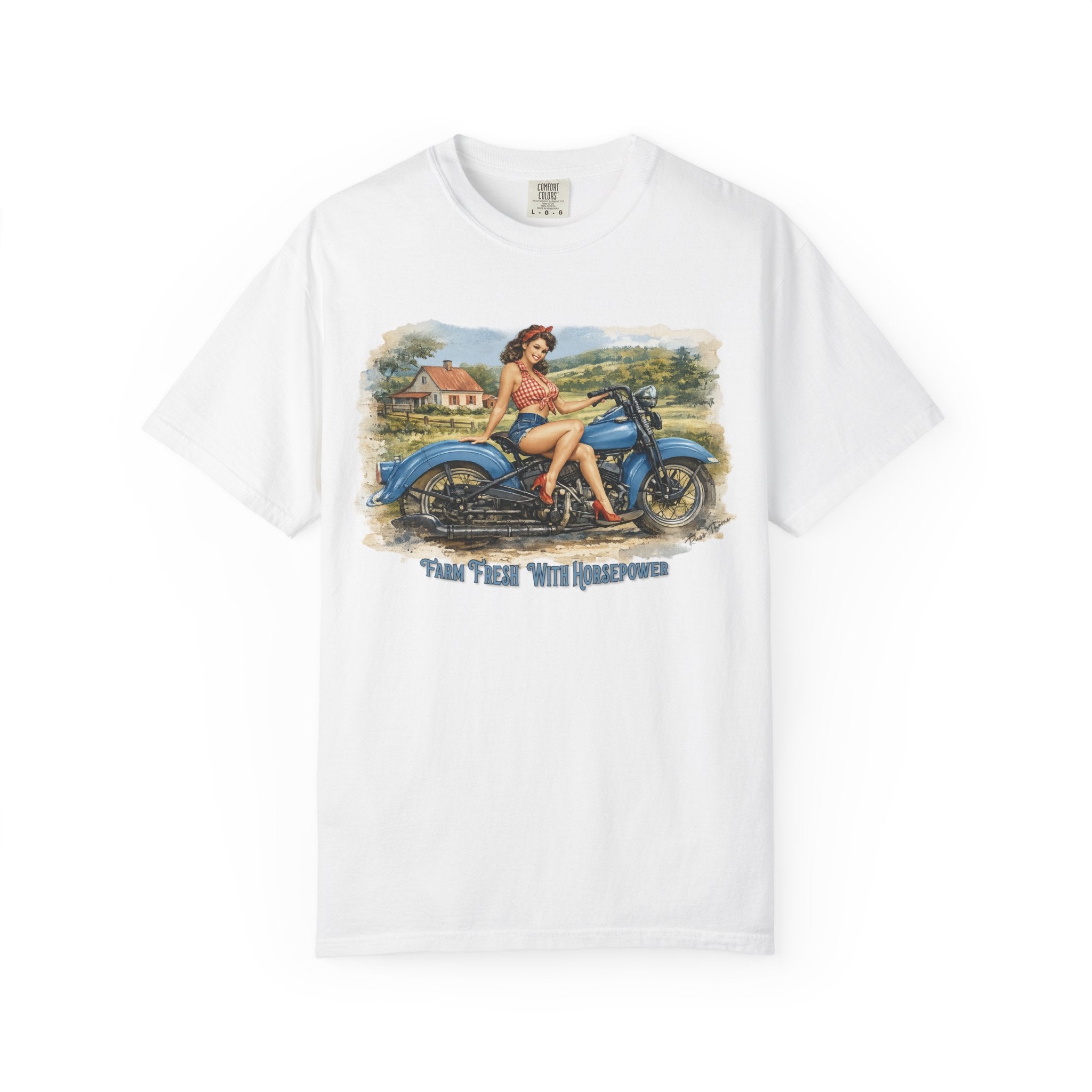 Pinup Art-Smiling farm girl perched on a classic blue Harley Davidson motorcycle