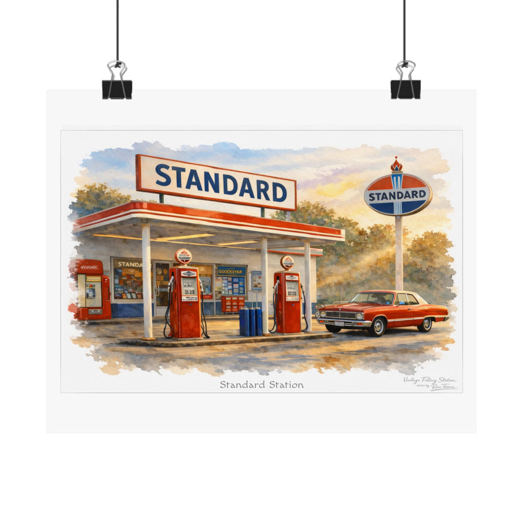 Vintage Gas Station Matte Poster — Standard Station at Golden Hour