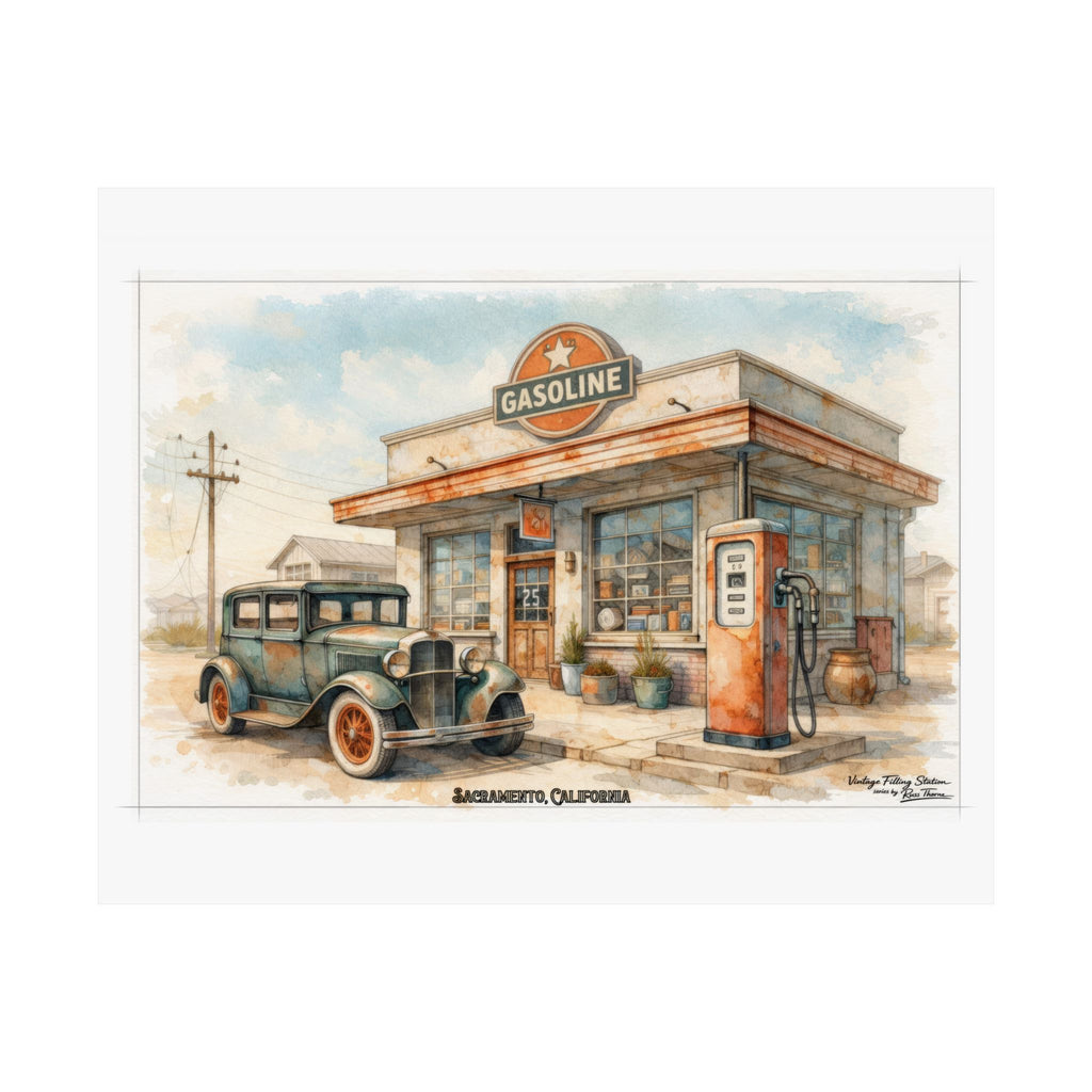 Vintage Gas Station Matte Poster — Retro Automobile Wall Art (Sacramento, California)