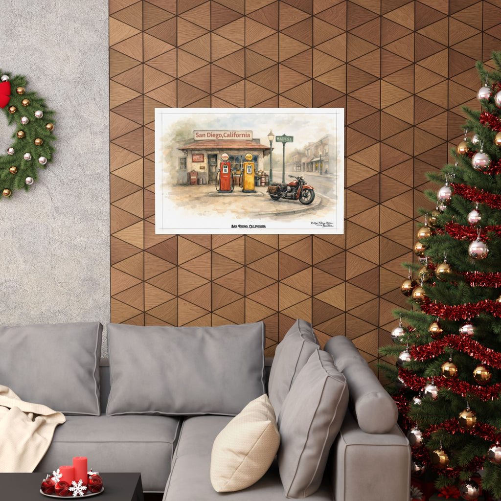Vintage San Diego Motorcycle Poster — Retro Gas Station Art Print (Matte Horizontal)