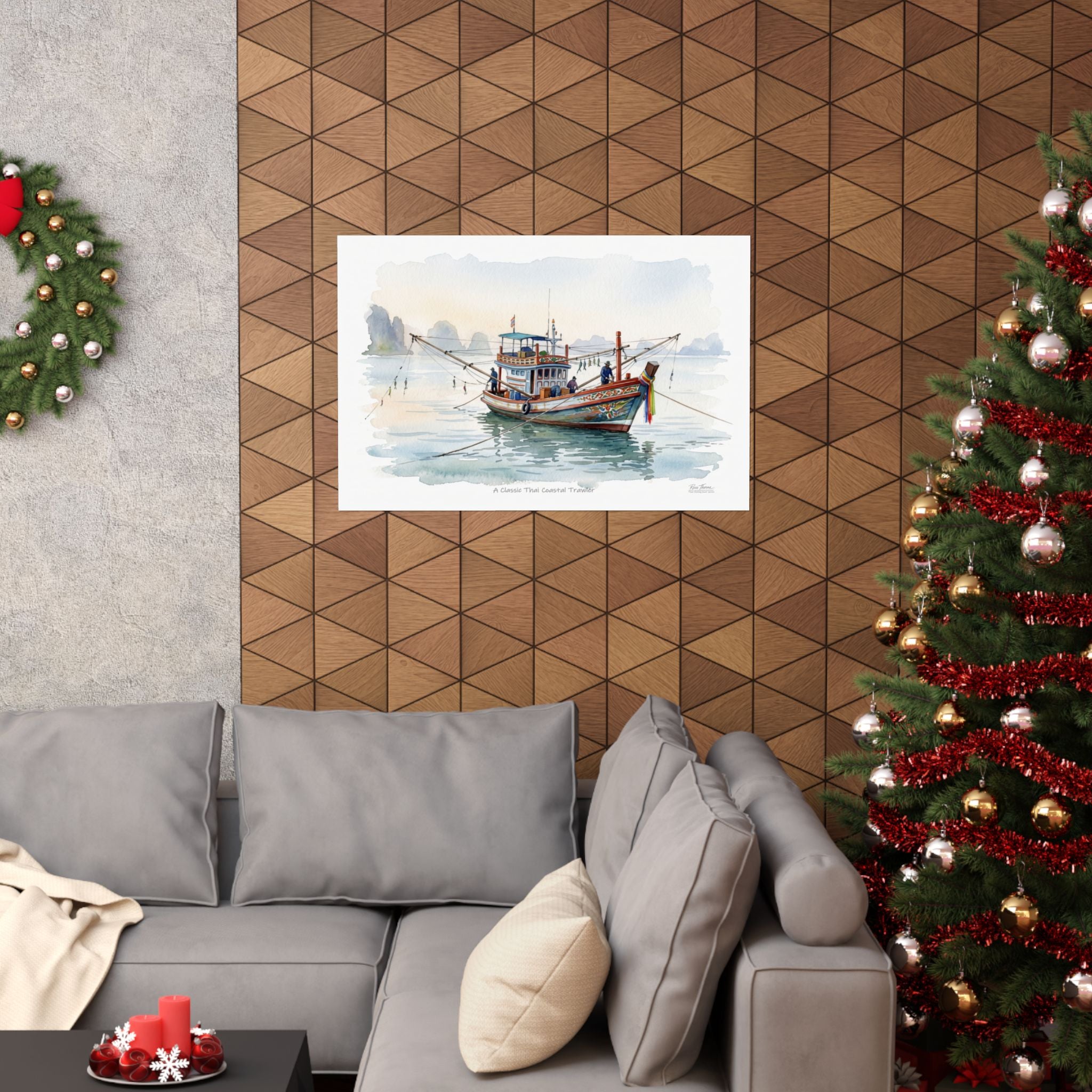 Classic Thai Coastal Trawler Watercolor – Traditional Thailand Fishing Boat Art Print
