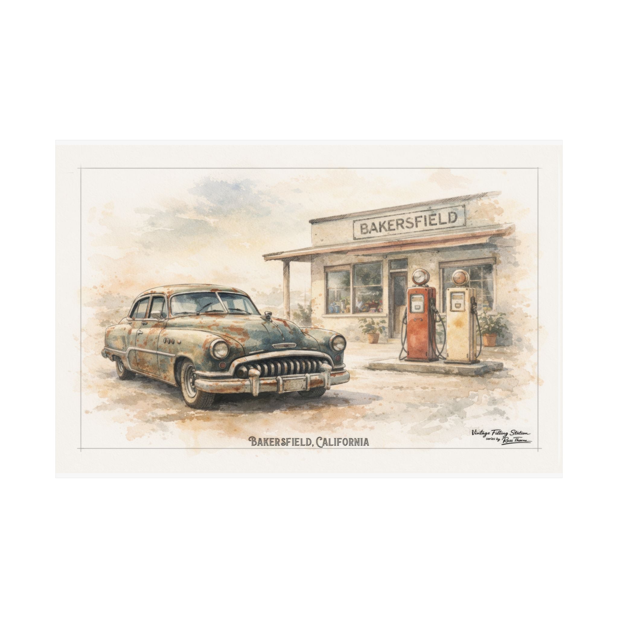 Vintage Bakersfield Gas Station Poster —  1950 Buick Super or Roadmaster sedan.  ---Matte Horizontal Car Print
