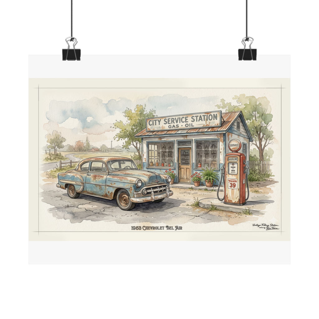 Vintage Gas Station Poster —vintage - 1953 Chevrolet Bel Air - Matte Horizontal Print