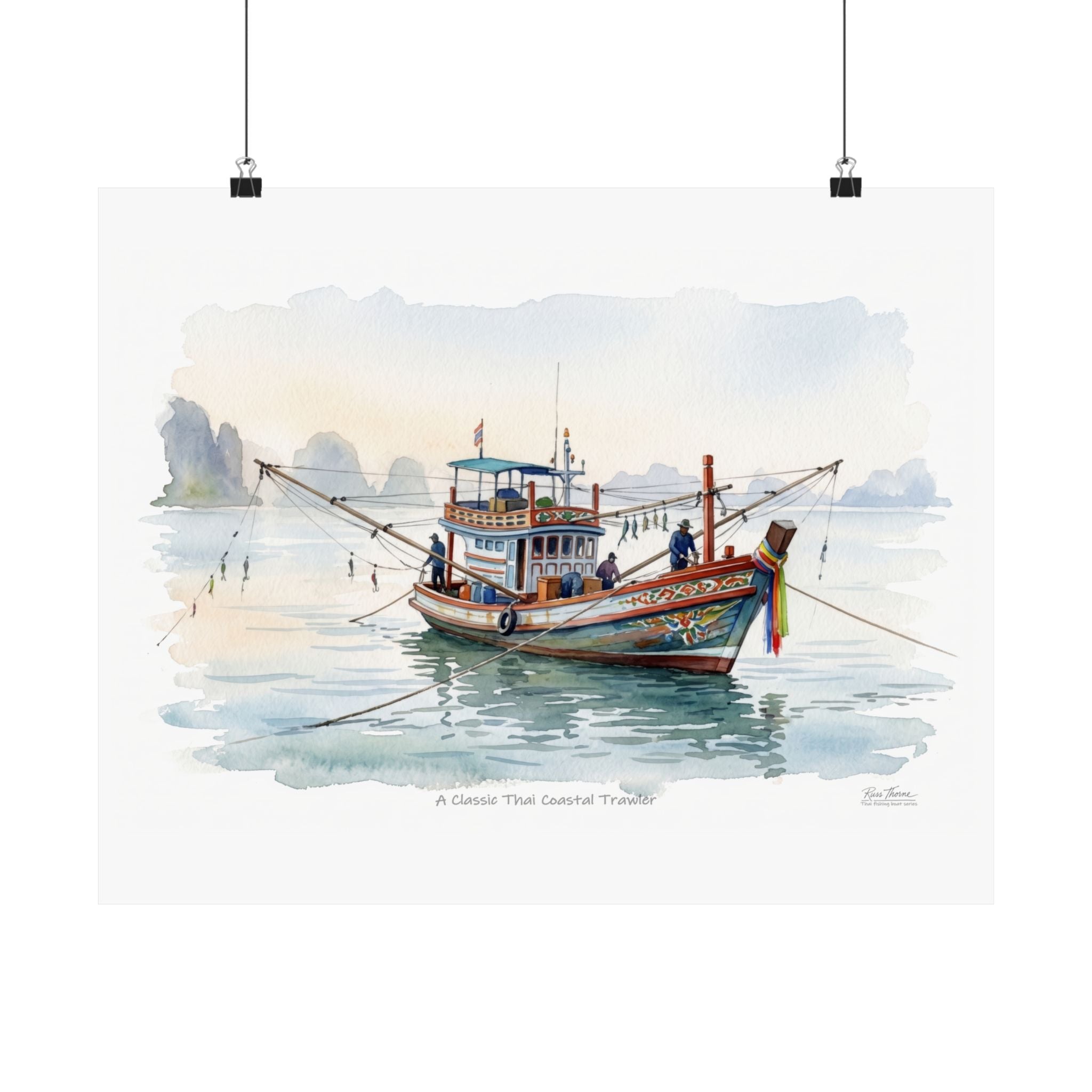 Classic Thai Coastal Trawler Watercolor – Traditional Thailand Fishing Boat Art Print