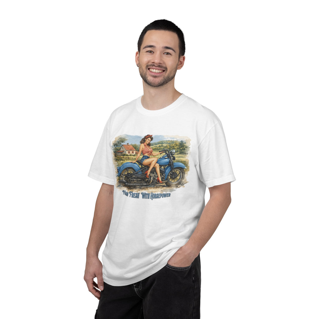 Pinup Art-Smiling farm girl perched on a classic blue Harley Davidson motorcycle