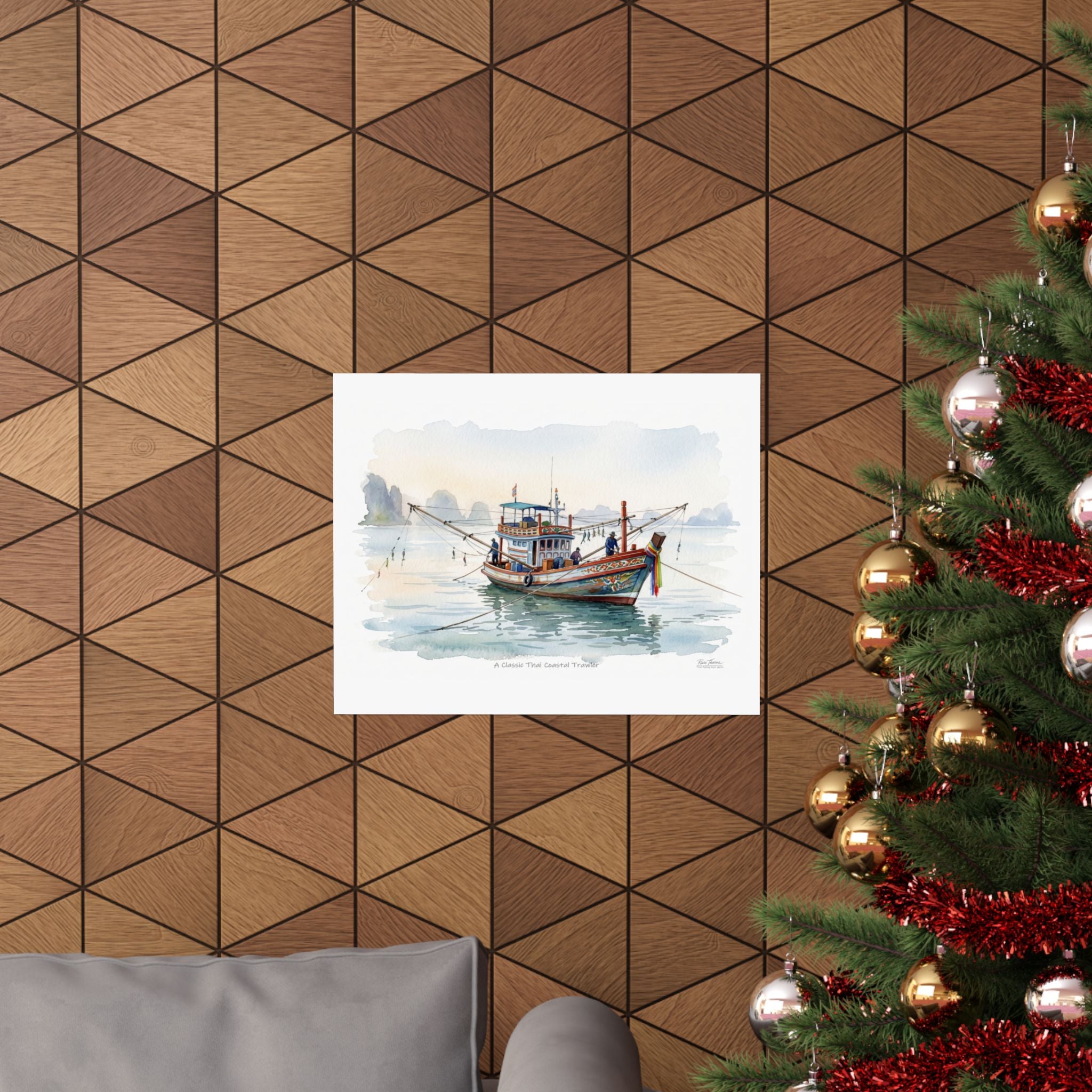 Classic Thai Coastal Trawler Watercolor – Traditional Thailand Fishing Boat Art Print