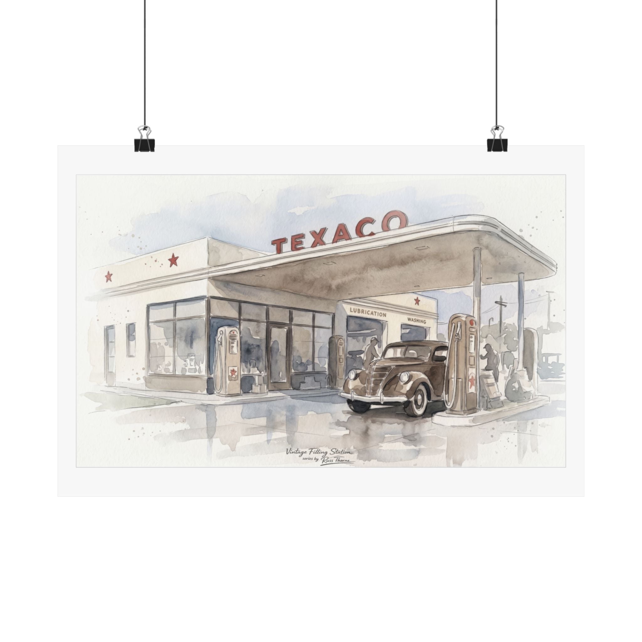 Vintage Texaco Gas Station Watercolor Print – Classic Americana Filling Station Art by Russ Thorne