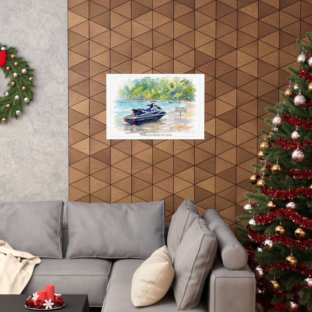 Koh Larn Jet Ski Beach Watercolor Poster — 'Trading Horsepower for Waves' Matte Horizontal Art Print