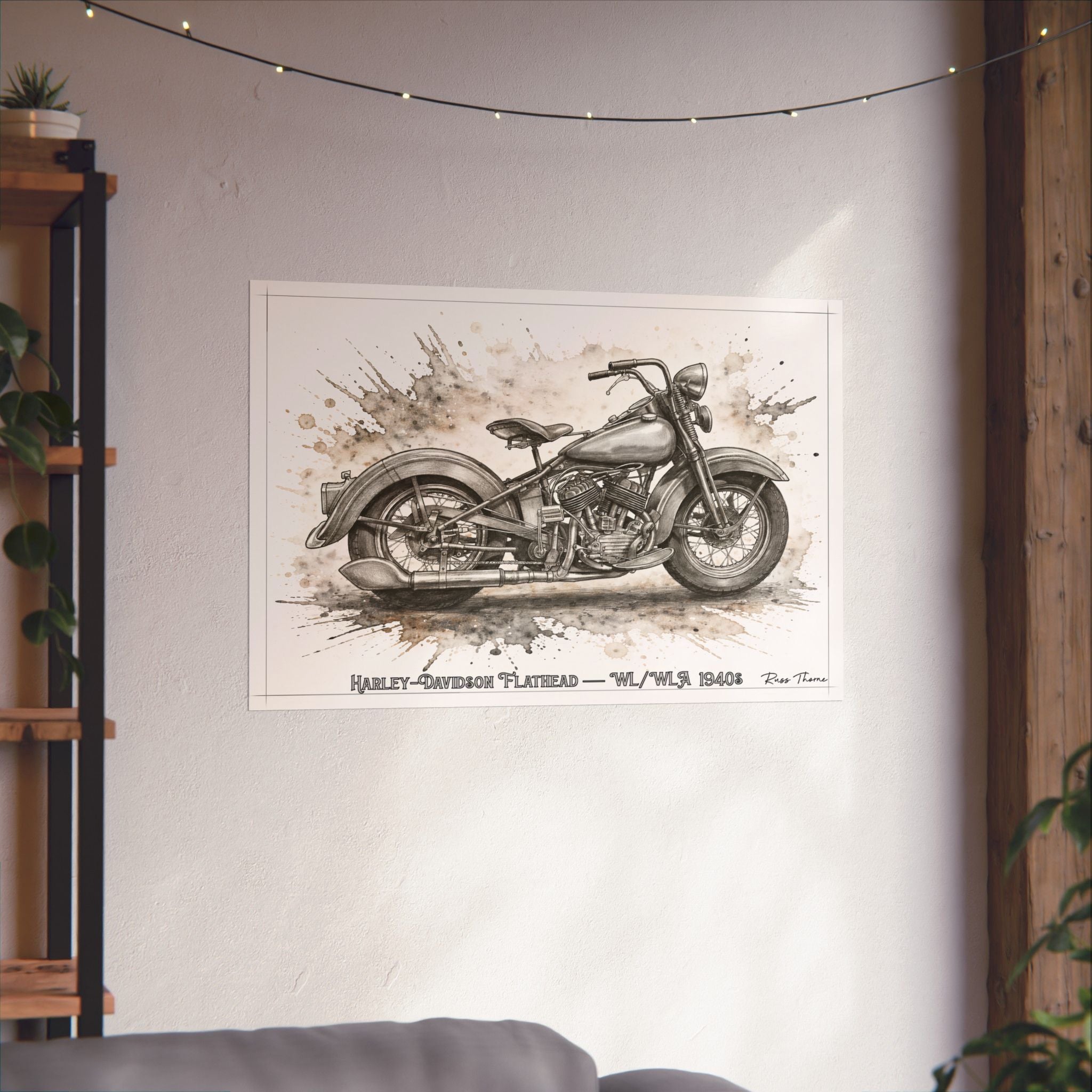 Vintage Harley-Davidson 1940s Flathead Motorcycle Poster — 1940s Harley Davidson Flat Head drawing Matte Horizontal Wall Art