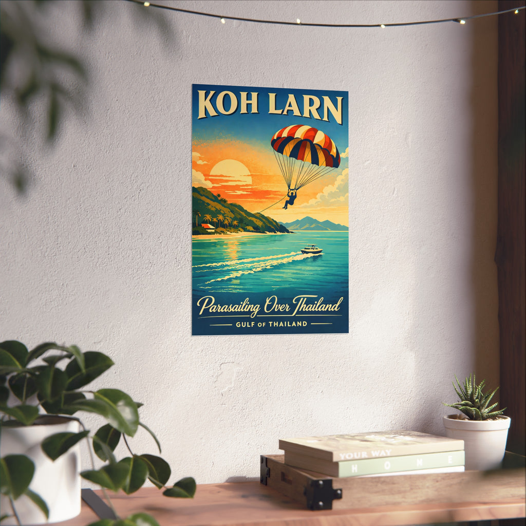 Koh Larn Parasailing Over Thailand Fine Art Poster — Retro Travel Print